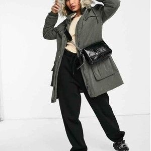 DKNY Anorak Jacket Women's Lg Micro Twill Faux Fur Detachable Hood Heavyweight